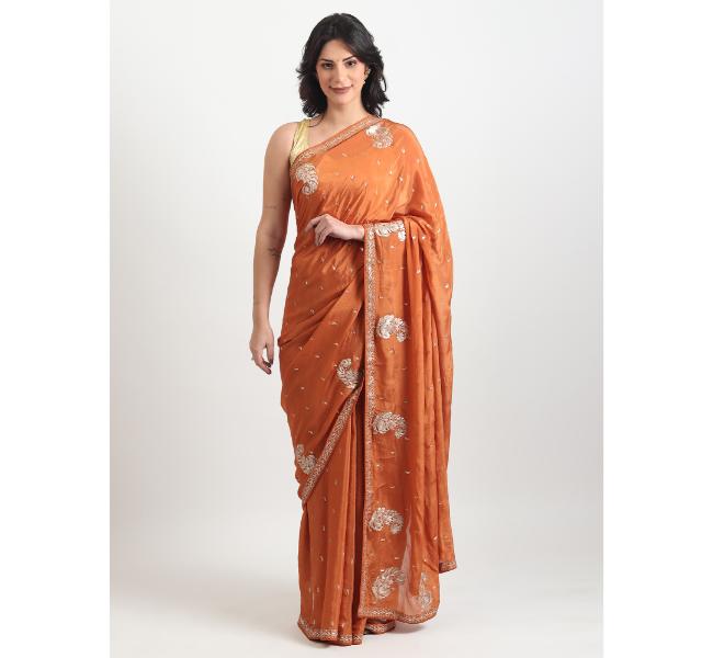 The Weavers Shop By Raavi Chinon Chiffon Handwork Saree With Unstitched Blouse  Orange